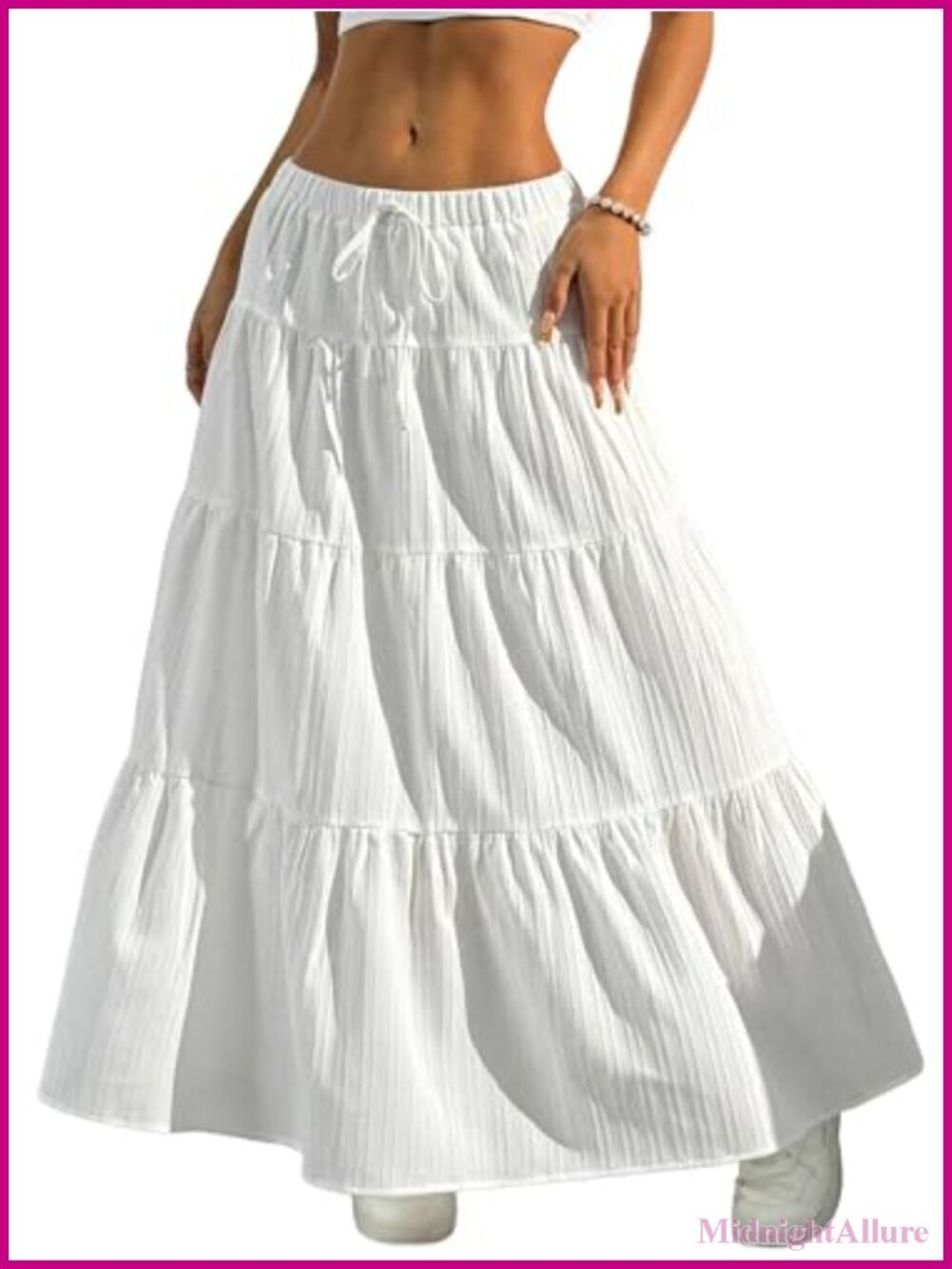 Boho Flowy White Maxi Skirt with Ruffled Hem Elastic Waist A Line